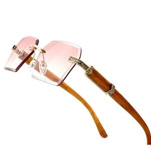 Rimless Sunglasses Pink Lens Wood‎ Arms Rhinestone Accents Fashion Shades Lentes